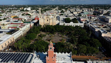 Aerial view of the Merida city hall, zocalo or plaza grande and the cathedral San Ildefonso in...