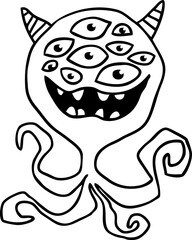 Funny cartoon smiling  monster character. Illustration of cute and happy mythical alien creature. Halloween design