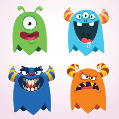 Funny cartoon monsters. Set of cartoon vector scary colorful monsters. Halloween design for decoration, stickers or cutout yard art sign.