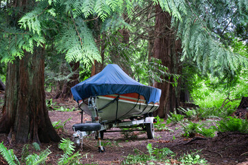 Boat covered in tarp in outdoor wooded area - 527047727