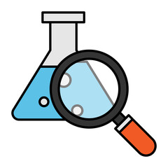 Erlenmeyer flask with magnifier Concept, Mixing  titration flask vector color icon design, Biochemistry symbol, Biotechnology and Biochemical Sign, Science and engineering stock illustration