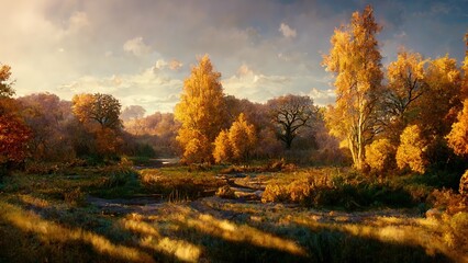 Fototapeta premium Idyllic landscape in autumn with forest and sun, 3d illustration.