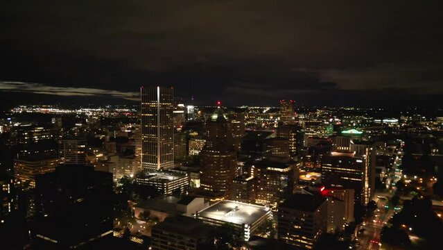 Drone Footage of downtown Portland Oregon at night