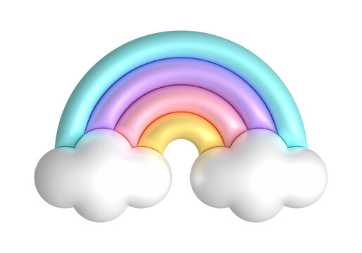 3d rainbows in candy pastel color yellow, pink, purple, blue. Cute plastic rainbow with clouds. 3d rendering spring illustration suitable for decoration of Birthday, product, banner, social networks.