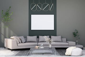 mock up poster frame in modern interior fully furnished rooms background, living room,