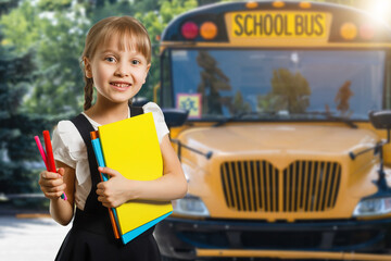 adorable schoolgirl with backpack. Back to school