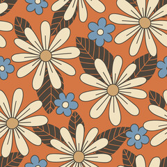 Colorful Large Scale Hand-Drawn Floral Vector Seamless Pattern. Retro 70s Style Nostalgic Daisies. Fashion Textile Bold Background. Summer Resort Print. Flower Power