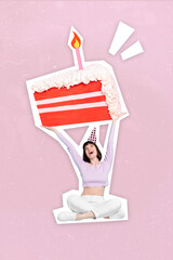 Vertical collage image of excited positive girl sit hands hold huge birthday cake slice painted...