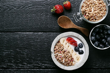 Healthy breakfast set on grey background. The concept of delicious and healthy food.