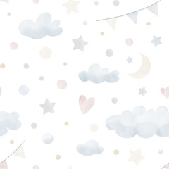 Baby seamless Pattern with Clouds and stars. Watercolor hand drawn background for print or textile. Illustration for night sleep and sweet dreams. Nursery wallpaper in pastel blue and beige colors