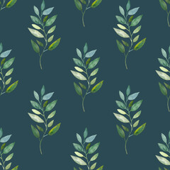 Watercolor seamless hand drawn floral pattern with green leaves