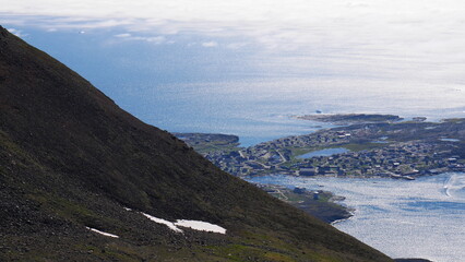 View of Greenlandic fishing village from the mountain