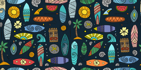 Surf boards collection, surfing time. Hawaii seamless pattern design for fabric, wallpapers etc. Vector illustration - 527053750