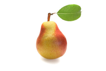 Red-yellow pear with leaf isolateded on white