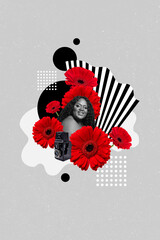 Vertical collage picture of positive gorgeous girl black white gamma red flowers small video camera isolated on painted background