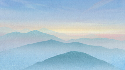 Sea watercolor landscape. blue sea and cloudy sky. abstract background drawn on paper.
