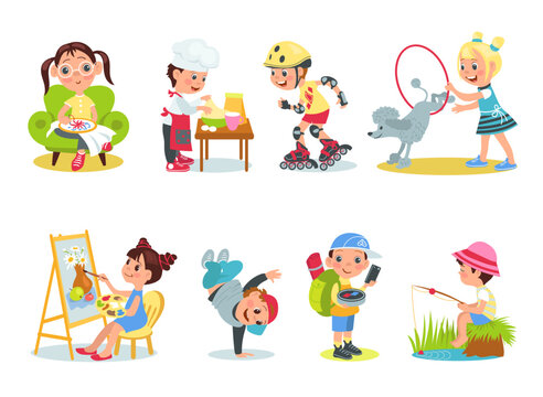 Children hobbies. Cartoon kids characters with different interests. Boys and girls with favorite attributes. Teenagers painting or training dog. Handicraft activities. Splendid vector set