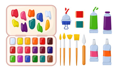 Different art supplies for painting vector illustrations set. Watercolor palette box, tubes with oil paints, paintbrushes, painting knife for artists isolated on white background. Art, hobby concept