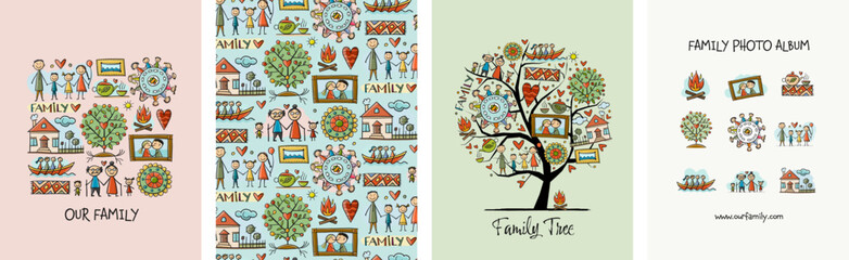 Family concept art collection. Frame, background, tree, icons. Set for your design project - cards, banners, poster, web, print, social media, promotional materials. Vector illustration - 527056529
