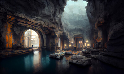 underground  lake inside cave with remains of the old town and corridors, digital painting - obrazy, fototapety, plakaty