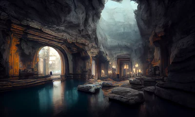 Foto op Canvas ondergronds meer in grot met overblijfselen van de oude stad en gangen, digitaal schilderen © Coka