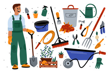 Gardening tools. Funny gardener with plants care accessories. Buckets and wheelbarrow. Agriculture worker. Watering cans and shovels. Farming man in work uniform. Garish vector set - obrazy, fototapety, plakaty