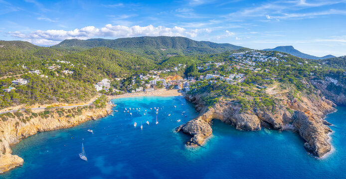 Aerial view of Cala Vadella, Ibiza islands, Spain