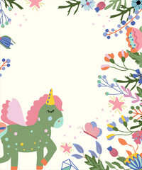 Cute colorful composition with Unicorn, bright flowers and leaves. Fantastic cute Unicorn. Fairy compositions for your design. Vector illustration