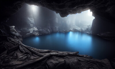 beautiful blue underground  lake inside cave , digital painting - obrazy, fototapety, plakaty