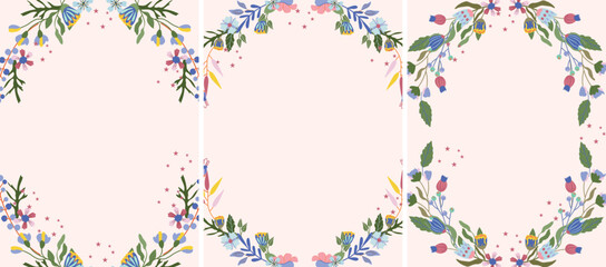  Background with flowers, leaves and stars around. Bright floral collections. Magical banners for your design.Vector