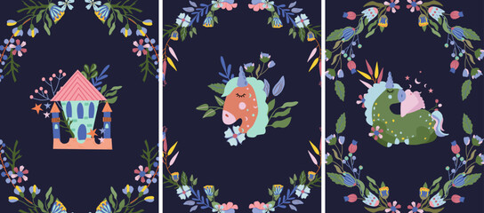 Obraz premium Background with cute Unicorn, princess castle, head portrait horse, leaves and flowers around. Fairy composition, can be used as creating card, banner, birthday and other holidays.Vector illustration.