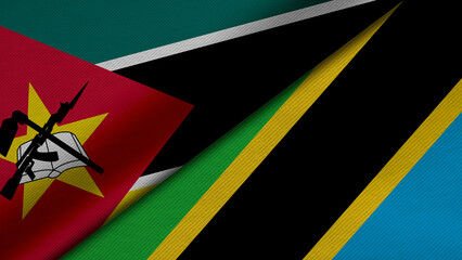 3D Rendering of two flags from Republic of Mozambique and United Republic of Tanzania together with fabric texture, bilateral relations, peace and conflict between countries, great for background
