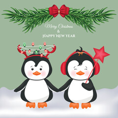 Children's festive vector illustration with funny penguins. Design for postcard, cover, invitation, poster, packaging