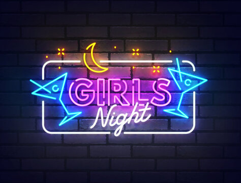 Girls night neon sign, bright signboard, light banner. Girls night logo neon, emblem and label. Vector illustration