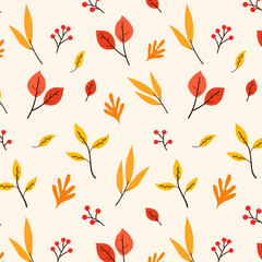 Obraz premium Autumn decorative seamless pattern with leaves, berries and twigs. Bright color. Seamless pattern for jewelry, fabric, diary. electrical illustration