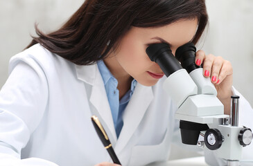 a woman in a lab coat looking through a microscope, portrait of a female pathologist, microscopy, under a microscope, in laboratory, sitting on a lab table, in a laboratory