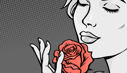Beautiful girl with a red rose. Close up of a woman face. Vector hand drawn black and white illustration. Pop art style banner