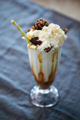 a milkshake topped with whipped cream and nuts, dessert, milkshake, caramel, gourmet, !!award-winning
