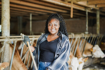 Young african farmer woman working inside cowshed while smiling on camera