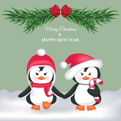 Beautiful Christmas children's vector illustration with funny penguins. Design for postcard, cover, invitation, poster, packaging