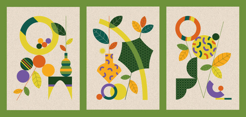 Set of vector posters or postcards. Abstract, floral and geometric compositions. Graphic designs for artistic prints.