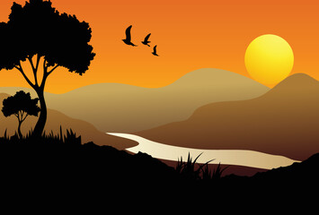 Landscape background with trees silhouette against sunset, hills and birds.06