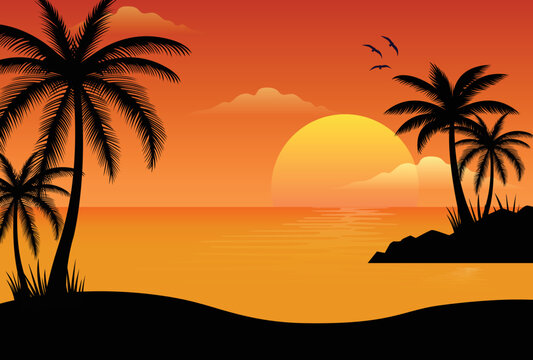 Summer background on the beach sunset sunrise with dark palm trees silhouette.03