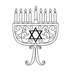Hanukkah menorah, or hanukkiah. Symbol of the Jewish holiday Hanukkah. Vector illustration in doodle style. Isolated on a white background.