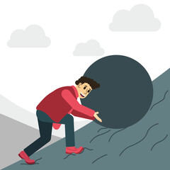 Man pushing a stone. Hard work, reach success, overcome adversity concept. Businessman pushes a large and heavy stone uphill against the backdrop of sky and clouds. Man smiles, laughs performs task.