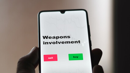 An investor's analyzing the weapons involvement etf fund on screen. A phone shows the ETF's prices stocks to invest