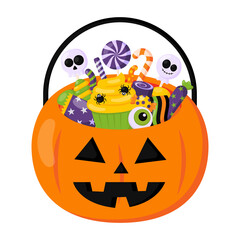 Halloween pumpkin with candies scary basket