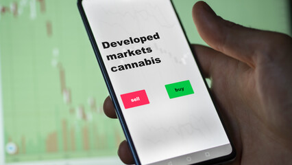 An investor's analyzing the stocks etf fund on screen. A phone shows the ETF's prices developed markets cannabis to invest