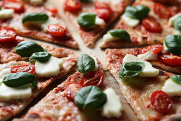 Slices of delicious pizza with cheese, cherry tomatoes and greens on a wooden background