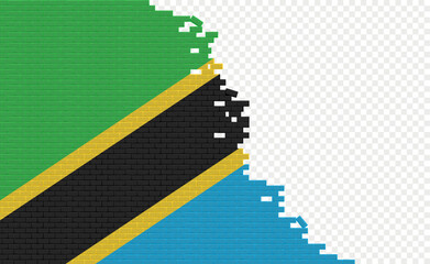 Fototapeta premium Tanzania flag on broken brick wall. Empty flag field of another country. Country comparison. Easy editing and vector in groups.